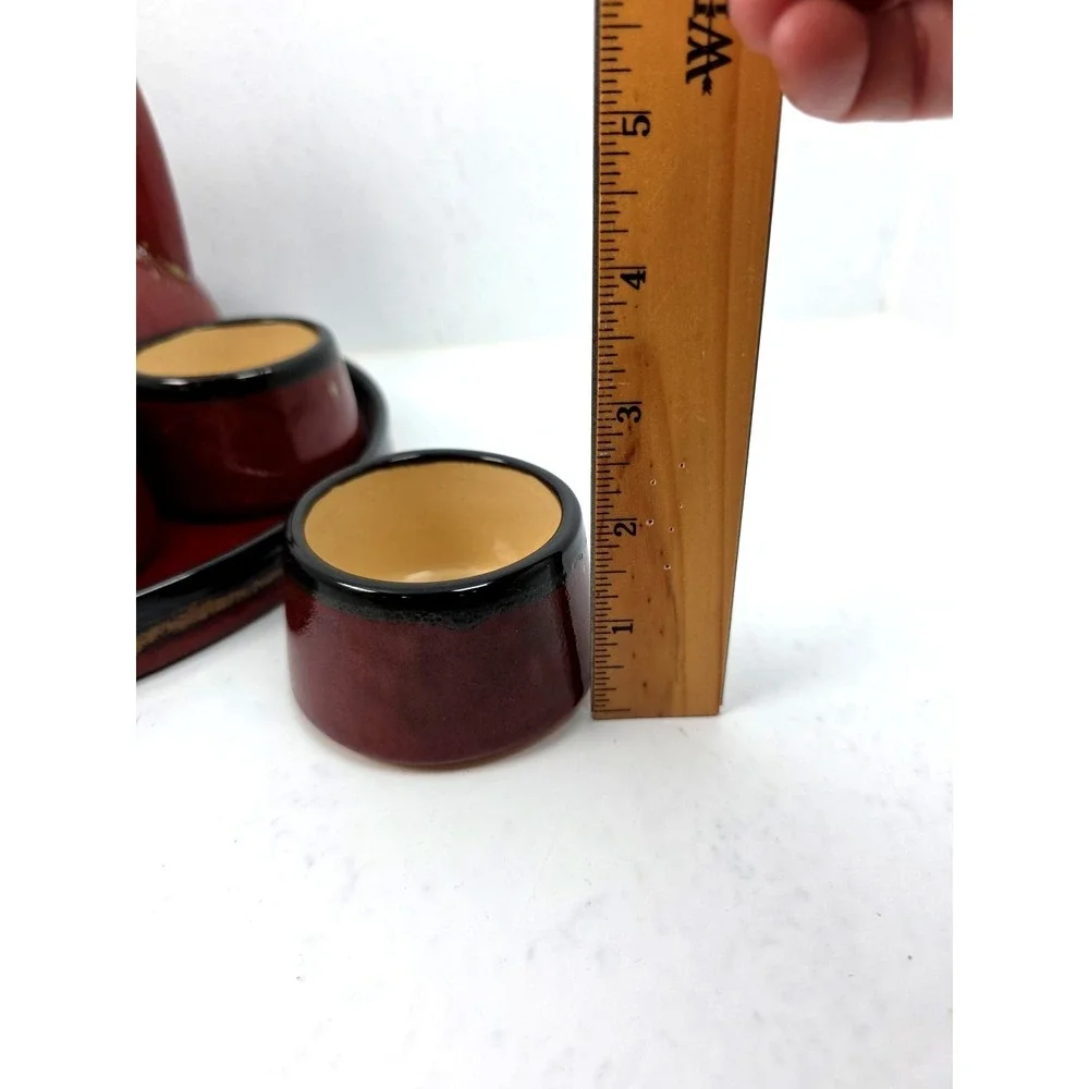 Vtg Pier 1‎ Shanghai Teapot Set 7 piece Earthenware Reddish Brown Black Tan